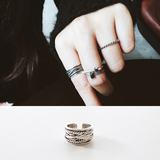 日韩创意潮人复古开口戒指 s925纯银多层宽面麻花泰银做旧戒指女