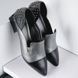 2016新款时尚铆钉英伦风尖头平跟舒适深口拼色套脚女单鞋黑色银色