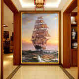 欧式玄关3D大型壁画 酒店客厅走廊过道背景墙纸 大海帆船油画壁纸