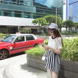 韩国宽松撞色条纹不规则下摆短袖T恤女式白色娃娃衫韩版上衣AE60