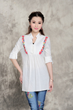 2016新款女式长袖绣花刺绣中长款白衬衫