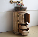 古古拉风中式实木浴室柜 原木色仿古做旧圆桶小户型圆弧洗脸盆柜