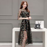 2016夏季新款韩版女装大码假两件蕾丝连衣裙性感透视网纱绣花长裙