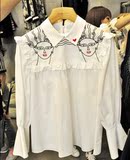 韩国东大门代购 16秋装新款 甜美立领人物印花 木耳边灯笼袖衬衫
