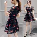 2016夏季新款女装韩版修身大码圆领时尚印花裙短袖欧根纱连衣裙
