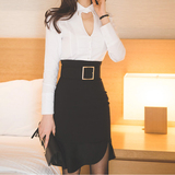 时尚套装女2016春装新款韩版高腰半身裙荷叶边鱼尾裙不规则包臀裙