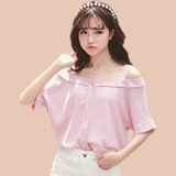 2016新款韩版雪纺吊带衫女夏一字领露肩衬衫可爱粉色上衣短袖学生