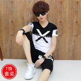 夏季男士圆领短袖T恤一套装青少年韩版休闲运动服2二件套七分裤潮