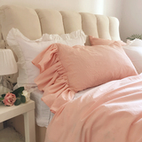 水洗棉四件套全棉无印良品同款日式橘粉色床单被套单件荷叶边枕套