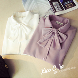 2016年春季新款韩版领口蝴蝶结学院风显瘦气质雪纺长袖打底女衬衫