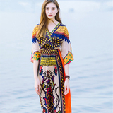复古民族风宽松连衣裙泰国度假海边沙滩裙波西米亚印花修身长裙