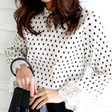 2016夏季新款女装  韩国韩版打底衫波点百褶长袖t恤雪纺上衣