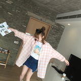 晶咕家中长款宽松格格衬衣粉色格子棉麻衬衫女装长袖外套韩国韩版