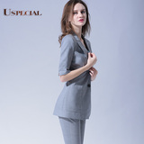 USPECIAL欧美大牌职业套装夏商务正装女灰色西服套装