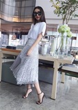 高级定制澳洲设计师品牌气质显瘦银色百褶半裙拼接蕾丝半身长裙女