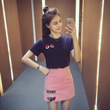2016夏季新款韩版休闲时尚套装女短袖T恤+条纹a字半身短裙两件套