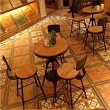 美式loft实木咖啡桌椅组合休闲阳台铁艺小圆桌茶几酒吧桌椅三件套