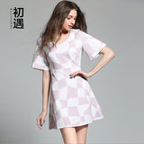 韩国代购 2016夏季新款 修身显瘦直筒A型粉色格子短袖A字连衣裙
