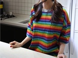CD定制 韩国彩虹七色条纹甜美可爱复古圆领宽松BF短袖T恤TEE上衣