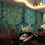 复古壁纸 卧室怀旧背景墙布美式绿色森林麋鹿主题酒店ktv墙纸壁画