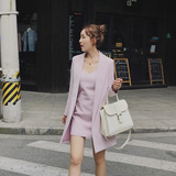 韩国专柜春秋套装2016新款女装轻奢名媛粉紫中长款风衣吊带两件套