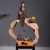 德化陶瓷自在观音披坐菩萨风化木根雕枯木禅意佛像摆件瓷器工艺品