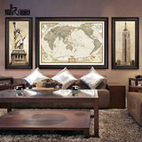 美式装饰画 客厅三联画沙发背景墙画书房复古挂画 世界地图有框画