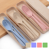 北欧小麦秆餐具塑料叉勺子筷子收纳盒儿童学习筷环保便携餐具套装