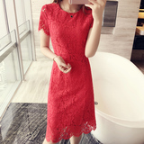 2016新款女装镂空蕾丝红色连衣裙拼接中长款短袖睫毛蕾丝礼服裙子