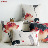 创意中国风现代复古新中式红木沙发水墨画荷花棉麻抱枕沙发靠垫套