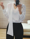 韩国东大门代购2016春季新款颈带长袖套头上衣女衬衫纯色T恤短款
