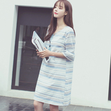33 studio 韩国夏季新款民族风V领喇叭袖中袖棉麻中长款连衣裙女