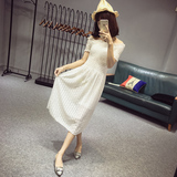 2016夏季新款韩版显瘦修身蕾丝过膝连衣裙甜美气质仙女纯色中长裙
