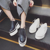 2016春季新款韩版黑白色厚底松糕鞋低帮系带简约高跟休闲鞋女单鞋