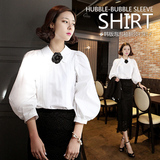 韩版女士大码衬衫2016春装修身泡泡袖白色衬衣灯笼袖衬衫女式上衣