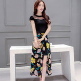 韩版优雅时尚短袖上衣配印花色半身裙长裙修身两件套装女2016夏季