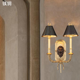 出口美式脱腊铜高档会所别墅壁灯欧式客厅门廊狮子头铜罩全铜壁灯