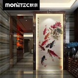 中式现代 瓷砖背景墙 玄关 简约过道走廊艺术浮雕刻壁画九鱼图