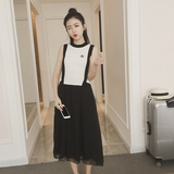 2016夏季新款韩版黑白拼色冰丝雪纺半身长裙假两件连衣裙裙子夏