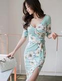 韩国代购2016春款4.6超美花朵V领中袖侧系带开叉显白连衣裙