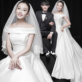 新款韩式礼服白纱影楼主题服装 欧式复古缎面一字肩长拖尾婚纱
