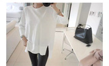 韩国全棉纯色基本款宽松中长款长袖圆领T恤女打底衫内搭开叉白色