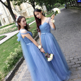 伴娘服长款 2016韩版一字肩姐妹团伴娘服蓝色 礼服连衣裙显瘦女