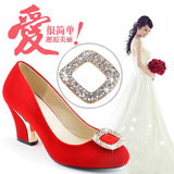 新娘鞋红色高跟粗跟婚鞋绒面鞋方扣水钻圆头单鞋大码孕妇结婚鞋女