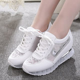 夏季韩版内增高女鞋蕾丝透气圆头休闲运动鞋白色网纱旅游鞋跑步鞋
