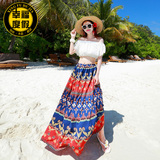 夏季女露肚脐一字领性感海边度假蕾丝衫波西米亚半身裙套装沙滩裙
