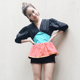 韩国女装夏装2016新款潮衬衫短袖欧洲站欧货潮灯笼袖拼色上衣修身