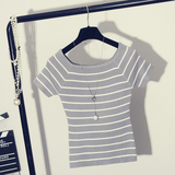 冰丝短袖T恤女韩版一字领针织体恤修身百搭短款上衣夏季新款2016