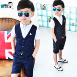 韩版夏季男童假两件套短袖T恤套装 英伦儿童西装马甲花童礼服男