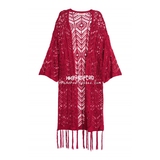 HM H&M专柜正品代购女装深红色流苏蕾丝七分袖针织开衫0371616001